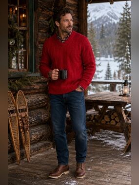 The Limited Men's Bright Red V-Neck Cable Sweater